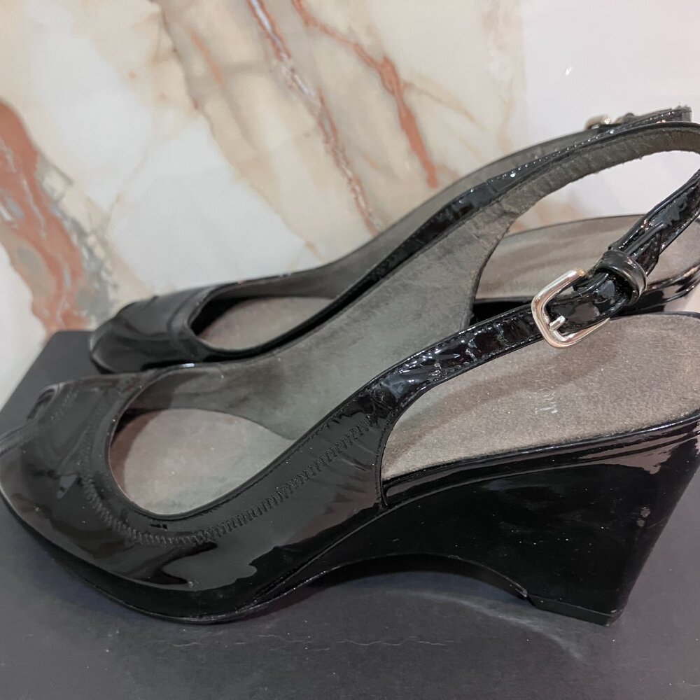Stuart Weitzman Black Patent Peep-Toe Wedges - Size 7.5 - Like New (Retail $350)